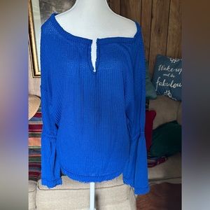 We The Free Blue Split Neck Bell Sleeve Waffle-knit Oversized Sweater, Sz L